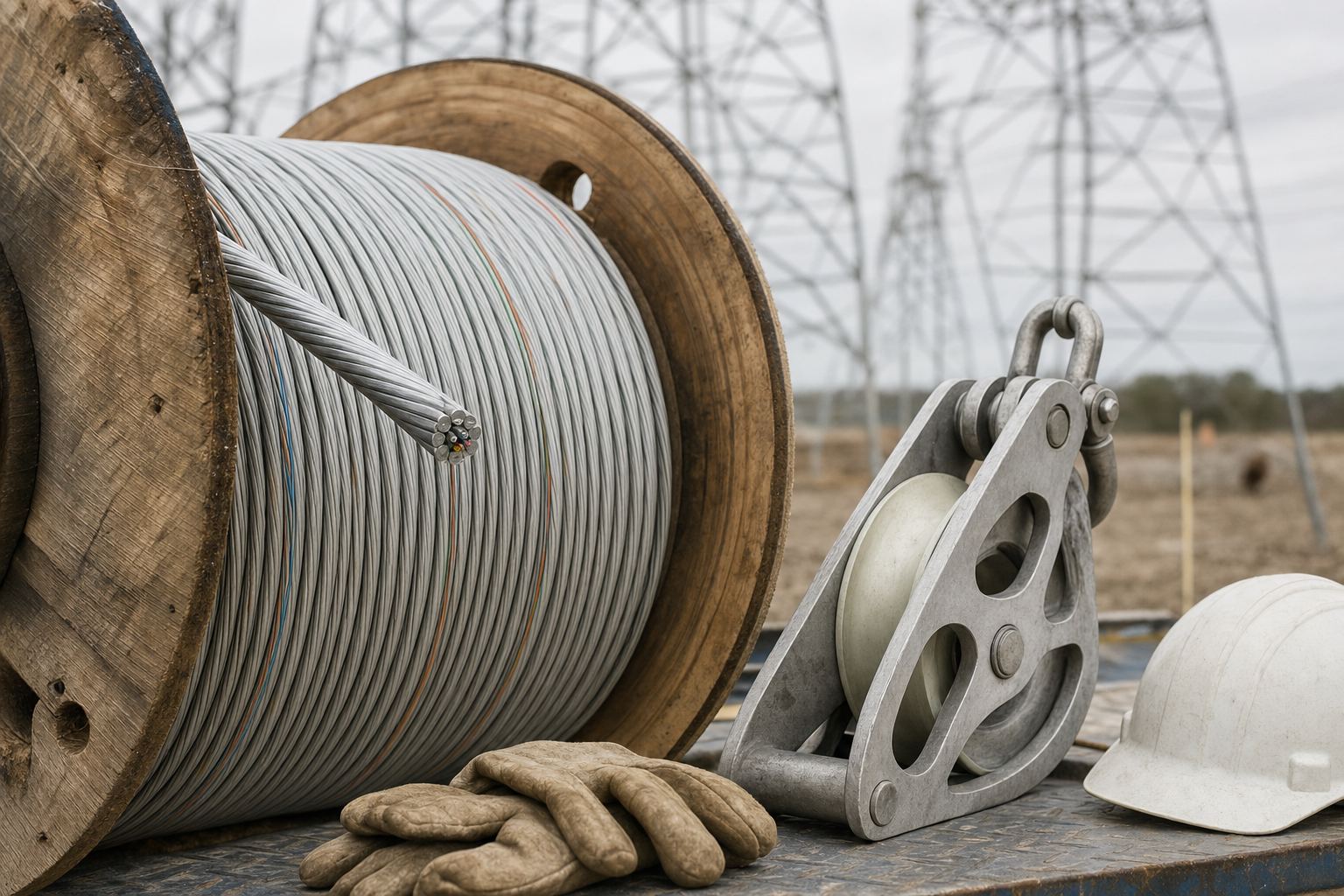 OPGW optical ground wire reel and an aluminum stringing block staged at a transmission line job site