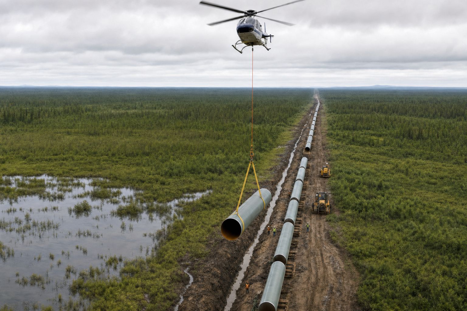 Aerial view down a cleared pipeline right-of-way through wetland terrain, steel pipe joints laid end to end on wooden skids beside an open trench while a helicopter longline lowers another joint into position