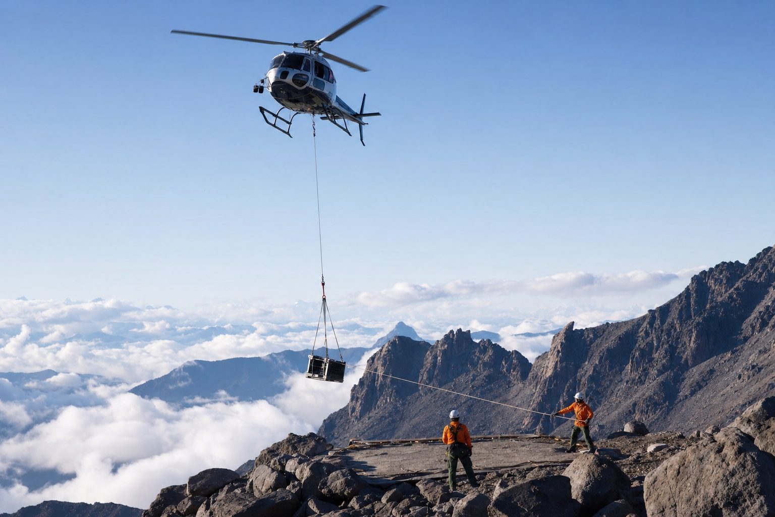 Helicopter lowering a crated load on a longline toward a rocky ridgeline pad while two riggers guide it with a tag line