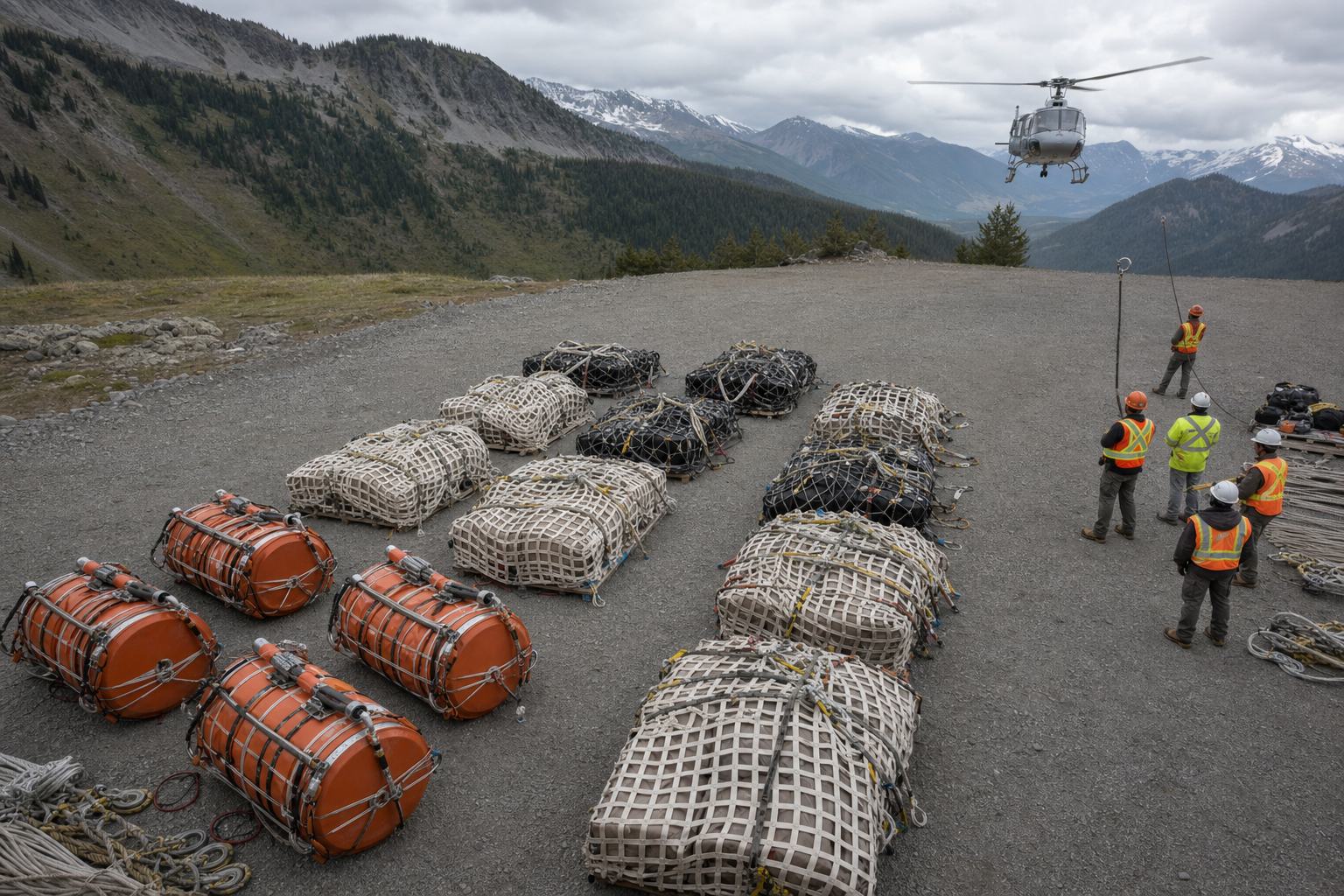Remote mountain staging area with rigged cargo nets, fuel drums, and sling sets laid out in rows as a utility helicopter approaches