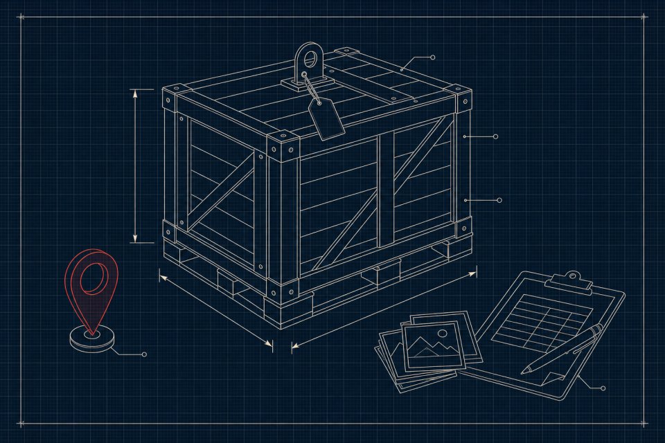 Blueprint drawing of a crated load with dimension arrows, a weight tag, a map pin, photographs and a clipboard