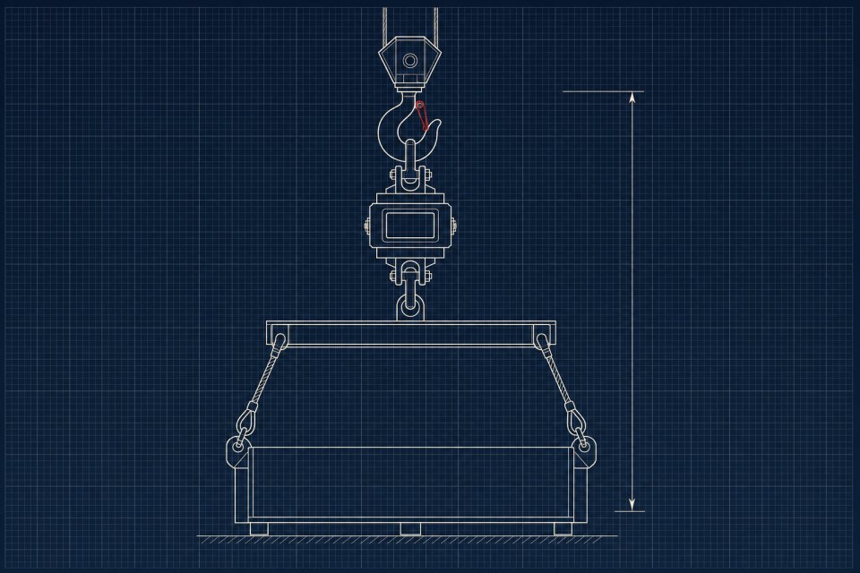 Blueprint elevation of a load cell hanging between a crane hook and a spreader bar over a rectangular load