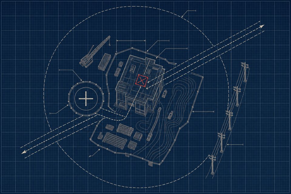 Blueprint site plan showing a landing zone, a rooftop set point, approach corridors, power lines and an exclusion boundary