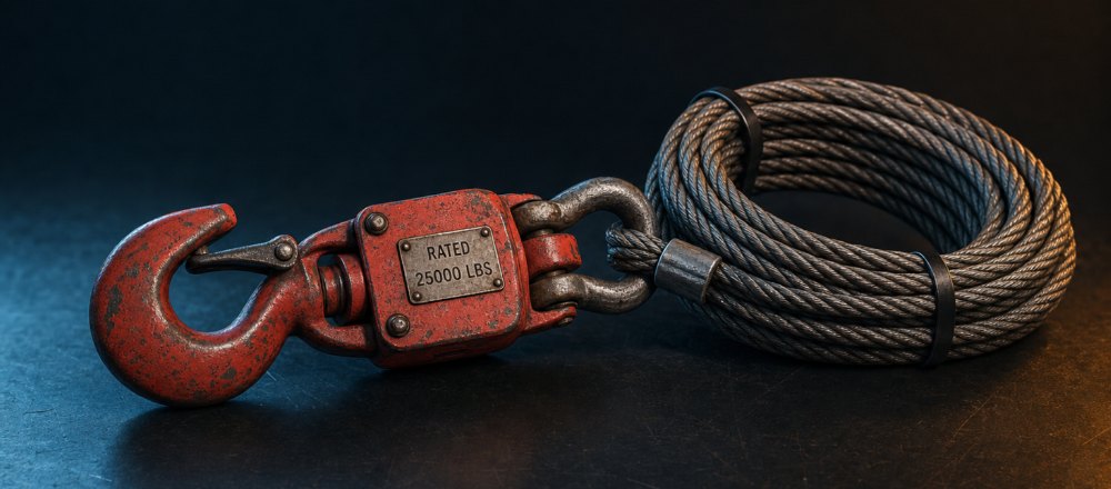 Remote cargo hook rated at 25,000 pounds with braided longline cable, the below-the-hook hardware behind a modular set