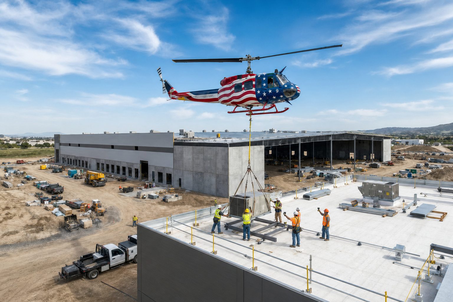 Utility helicopter holding a hover over a rooftop while ground crew guide an external load into position
