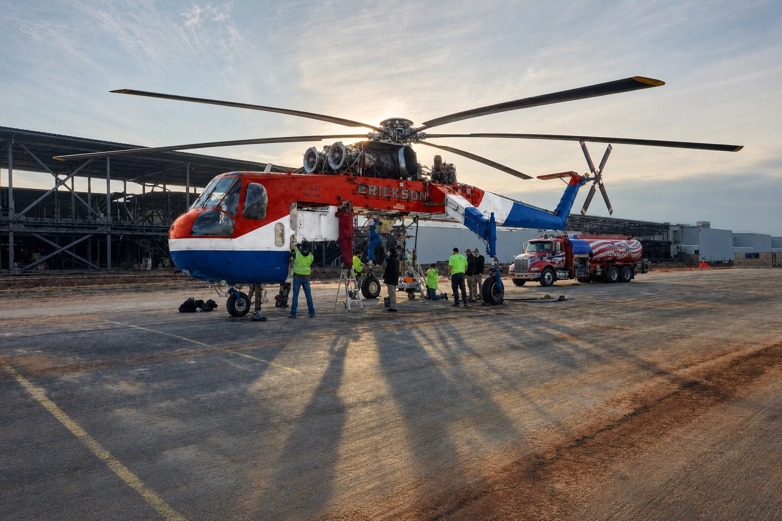 Sikorsky S-64 Air Crane at golden hour with ground crew working around the aircraft before a lift