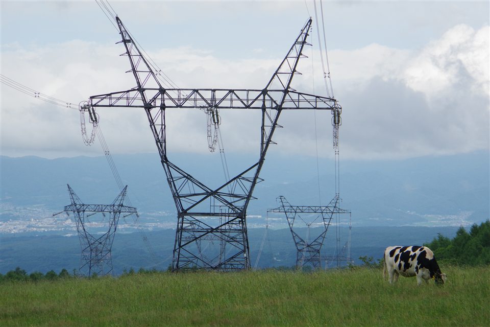 Transmission towers crossing rolling terrain