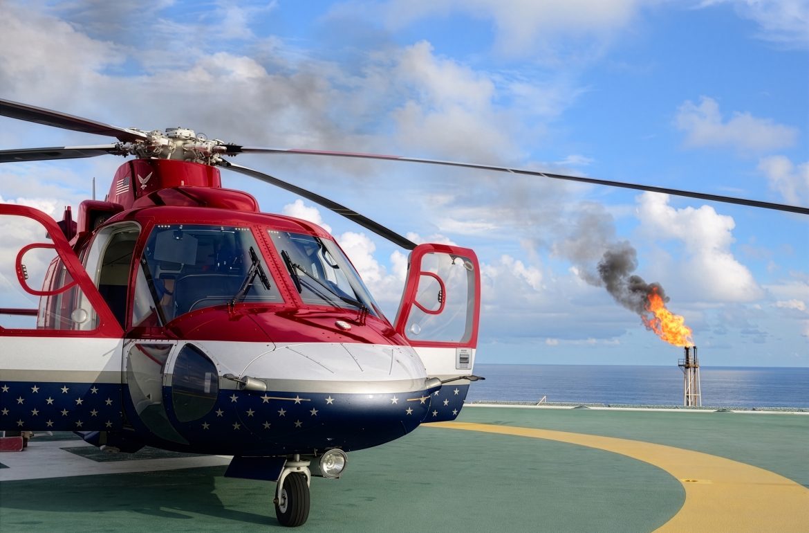 Sikorsky medium twin parked on an offshore platform helideck with the drilling derrick behind it