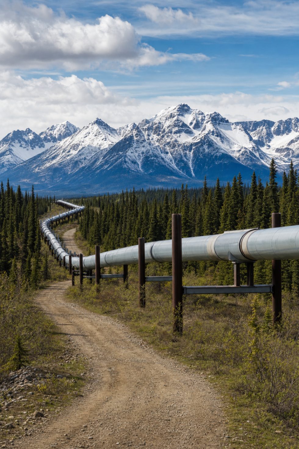 Elevated pipeline on vertical supports crossing forested terrain below snow-capped mountains