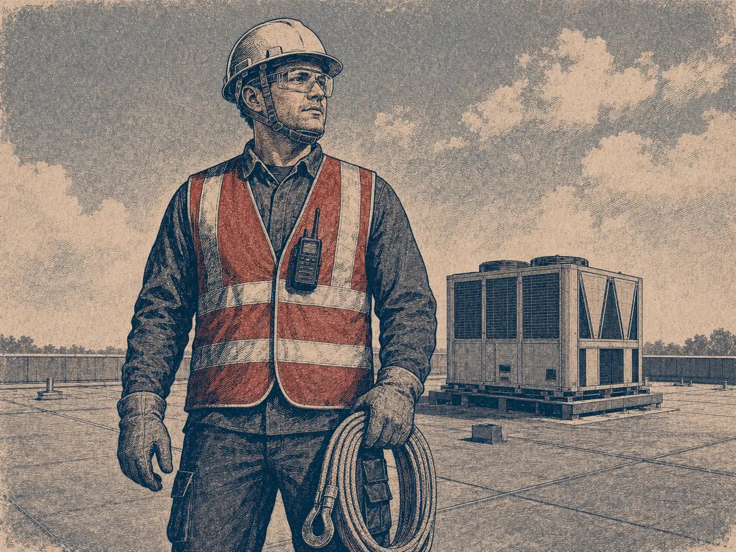Poster-style illustration of a rigging crewman in a hard hat and high-visibility vest holding a coiled longline on a commercial rooftop, an RTU staged behind him